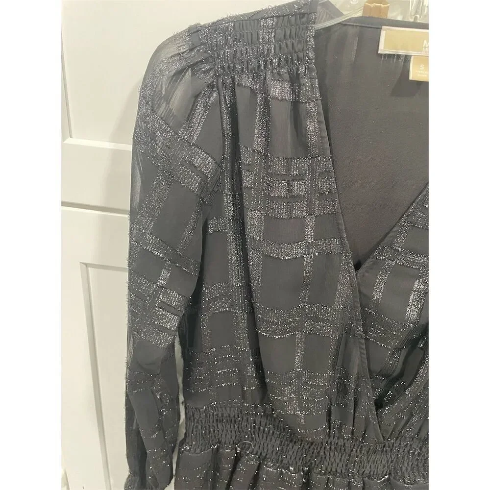 Michael Kors Black Metallic Ruffle Dress S Long Sleeve Party Cocktail‎ Plaid